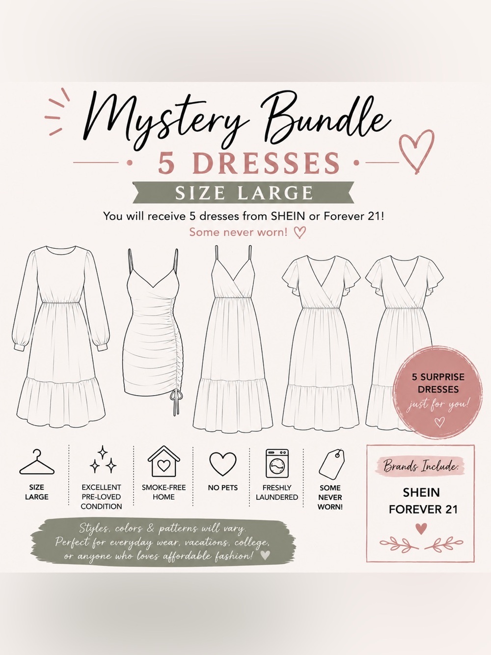 Mystery Bundle: 5 Women's Dresses - Size Large (Assorted Colors)